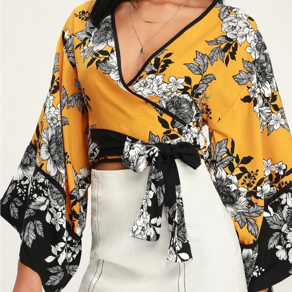 Lulu's Mustard Yellow Floral Wrap Top with Black Trim